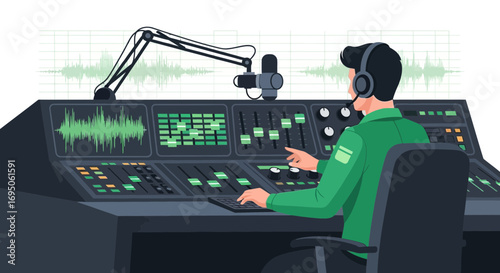 Illustration of a male radio host managing audio levels in a soundproof broadcast studio