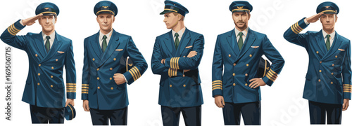 Realistic vector illustration of five airline pilots in professional uniform, ideal for aviation industry designs, flight crew visuals, and pilot training content