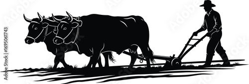 Silhouette of a farmer plowing field with oxen, , capturing essence of traditional agriculture and rural life with rustic charm