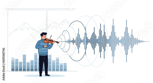 Illustration of a man playing violin with sound wave visualization in the background