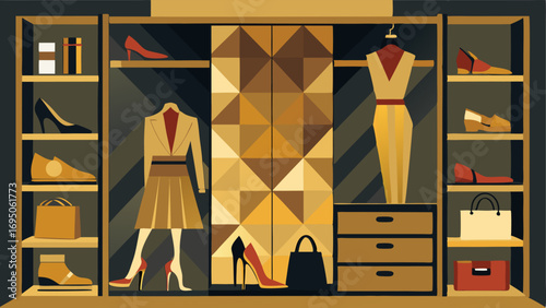 A large walkin closet with builtin shelves and drawers showcasing a collection of designer shoes and handbags with a gold geometric wallpaper as a backdrop.