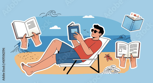 Illustration of a man relaxing and reading a book on a beach chair by the sea and ocean waves