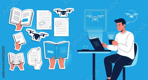 Illustration of a man using technology to learn about drones from books and online sources