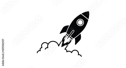 a rocket launching into space with clouds below