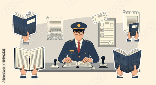 Illustration of a meticulous officer surrounded by books and paperwork conveying diligence and