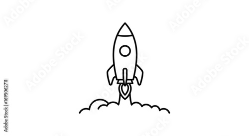 a simple line drawing of a rocket launching into space