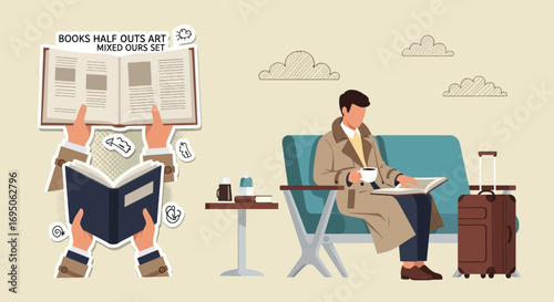 Illustration of a person reading at a public space with a suitcase, travel concept illustration