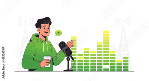 Illustration of a podcaster speaking into a microphone with sound waves and antenna signals depicted