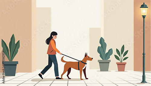 Stylized illustration of a woman walking a brown dog on a leash in an urban setting with pot plants
