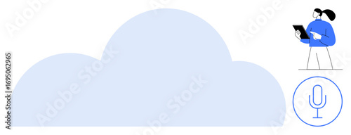 Cloud structure with a user exploring data via tablet and microphone icon. Ideal for cloud computing, storage, technology, user interaction, digital access, voice assistant, simple landing page