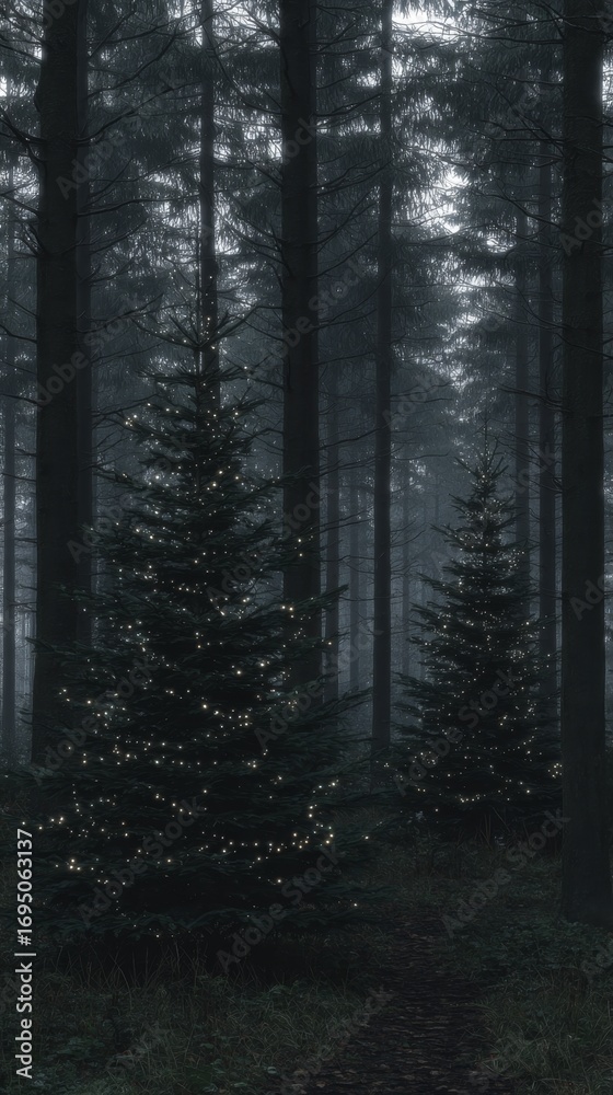 Fototapeta premium Christmas trees adorned with enchanting radiance. Photojournalism. Awe-inspiring forestscape with vivid holiday light display. Reportage shot. Pure reality.