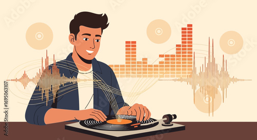 Illustration of a smiling DJ playing music on a turntable with sound waves in the background