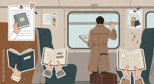 Illustration of a solitary journey by train with books and reflective travel vibes