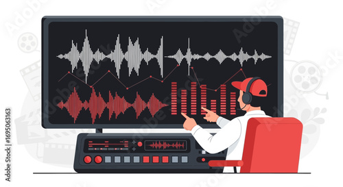 Illustration of a sound engineer working on audio editing using digital workstation tools