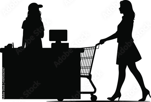 Silhouette of female shopper with cart approaching cashier at checkout counter – perfect for retail, grocery, shopping, and commercial transaction concepts