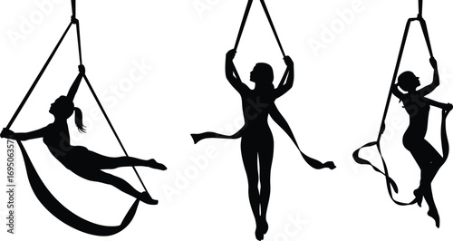 Silhouette Set of Aerial Silk Dancers Performing Poses in Hammock and Ribbons, Ideal for Circus, Acrobatics, Fitness, and Performance Art Design