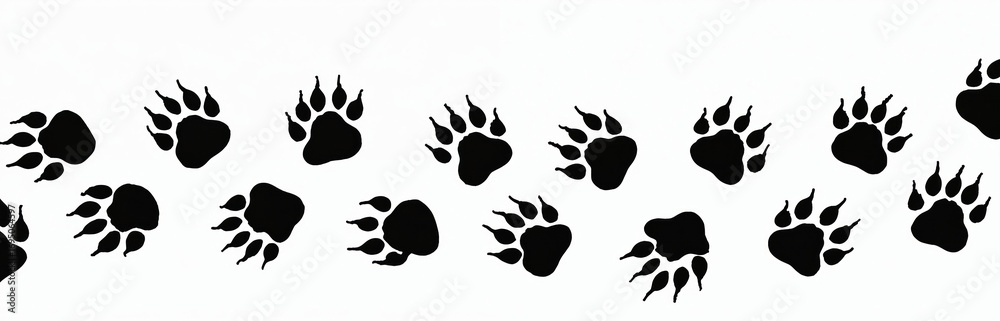 Fototapeta premium Black paw prints pattern on white background. Illustration of animal tracks, suggesting pets like dogs, cats, wild animals. Print shows claws, pad detail, isolated icons perfect for design.