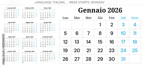 2026 year Italian calendar. Pages of 12 months. Vector illustration Italy language - calendario