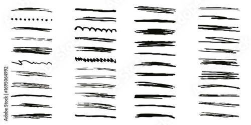 Set of black hand-drawn lines, waves, zigzags, and curly strokes. Playful and dynamic sketch-style elements perfect for highlights, underlines 