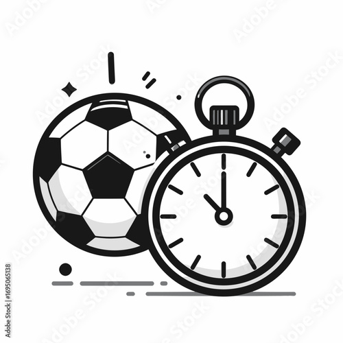 Black and White Soccer Ball with Stopwatch Icon.