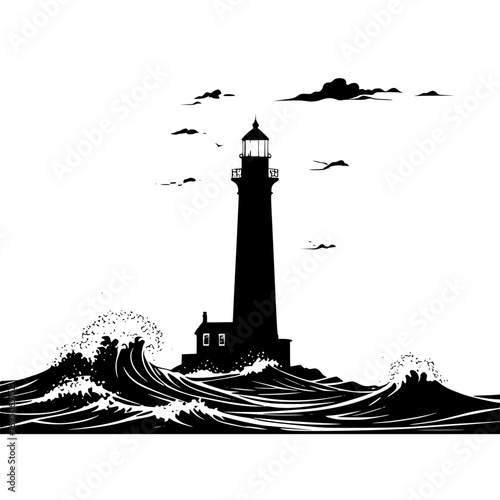 Lighthouse ocean waves vector illustration seascape black and white art silhouette