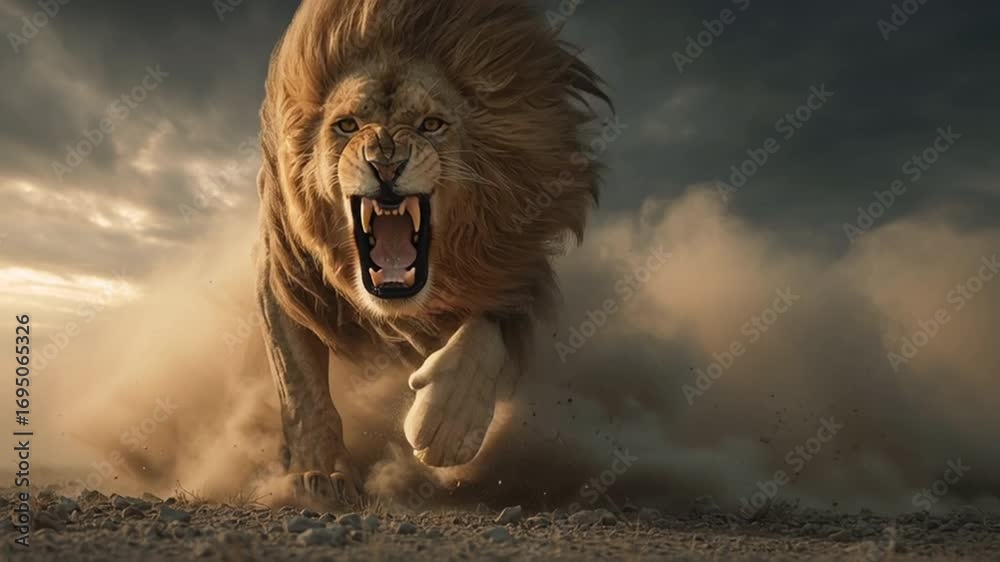 Hermoso y feroz leon corriendo hacia la cámara