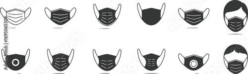 Vector illustration set of different face mask icons for medical, protective, and respiratory use, ideal for health safety, pandemic design, and infographics