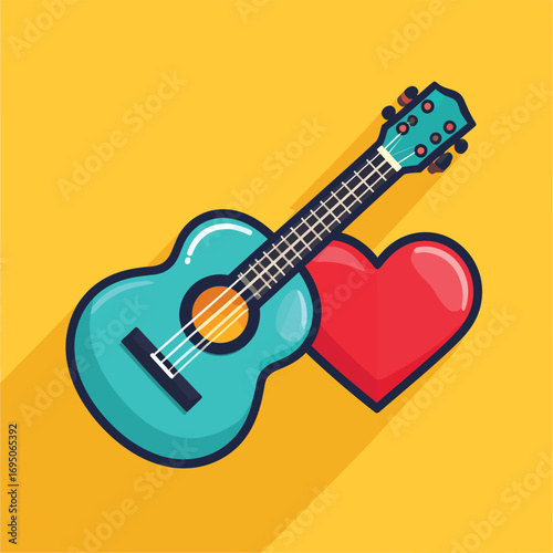 Blue Ukulele with Red Heart on Yellow Background.