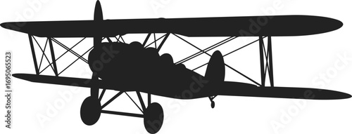Vintage biplane silhouette vector illustration, classic propeller airplane from early aviation era, perfect for retro design, historical aircraft, and aviation-themed projects