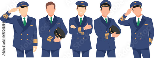Vector illustration of professional airline pilots in uniform posing with caps, saluting, and smiling, perfect for aviation, airline, and flight-related designs