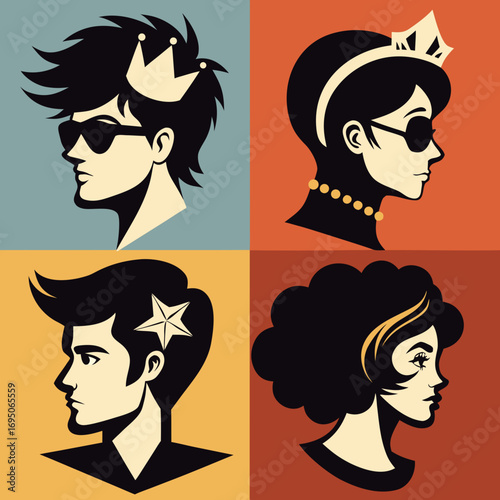 Four distinctive stylized silhouettes of individuals with crowns and accessories isolated on white background