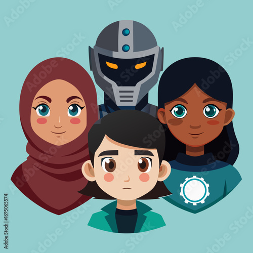 Diverse group of four characters including a robot and people of different ethnicities and cultures isolated on white background silhouette