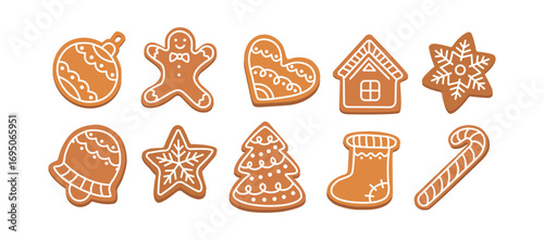 Christmas gingerbread cookies set. Vector Xmas clipart with holiday sweets in shapes of star, moon, tree, snowman, gift, house, mitten, stocking, heart and bell. New Year decoration stickers