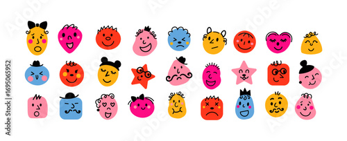 Funny cartoon faces collection. Doodle emotions, groovy funky characters in retro vector style. Hand drawn stickers set with different facial expressions. Groovy funky cartoon faces stickers.