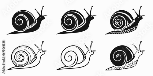 Six Stylized Black and White Snail Illustrations.