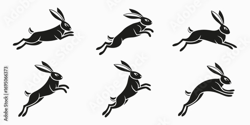 Six Stylized Black Rabbits Leaping in Sequence.