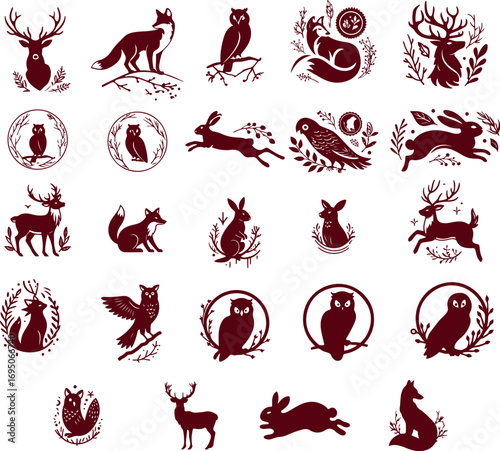 Crimson Thicket Emblems — Fox, Owl, Deer & Hare Vector Set