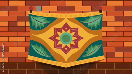 A large handpainted tapestry hanging on one of the brick walls adding texture and visual interest.