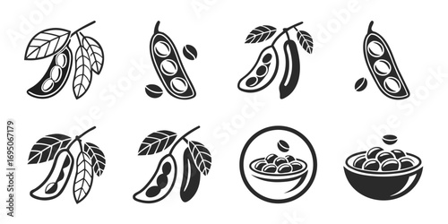 Soybean Pods and Beans Icon Set.