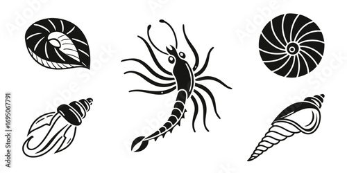 Stylized Black And White Marine Life Illustrations.