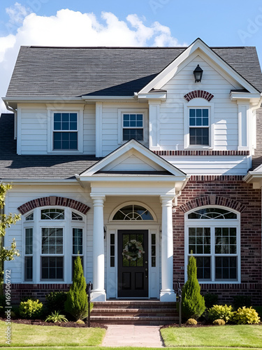two story suburban house with symmetrical design features dark shingled roof white siding and brick accents front includes large windows and central entrance with columns
