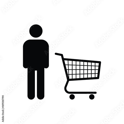 Person with Shopping Cart Icon customer consumer black white simple minimal design symbol graphic element illustration vector isolated