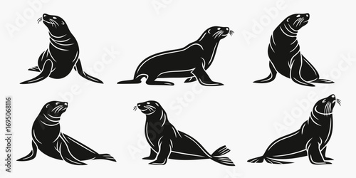 Stylized Black Seals in Various Poses.