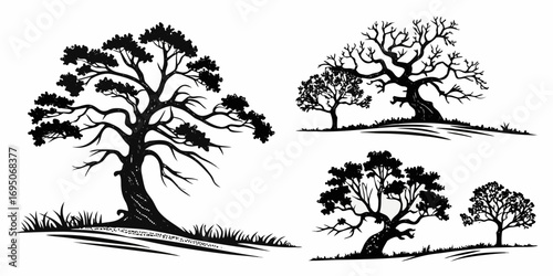Stylized Black Silhouette Trees on White Background.