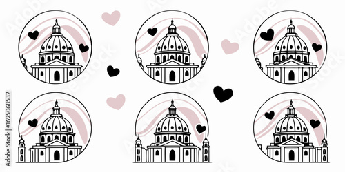 Stylized Dome Building with Hearts and Swirls.