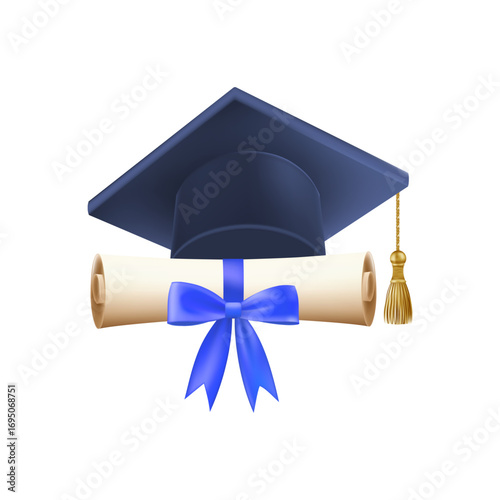 3d diploma scroll with graduate hat. Vintage roll paper