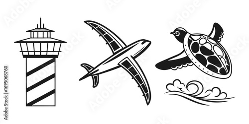 Stylized Icons of Air Traffic Control Tower Airplane and Sea Turtle.