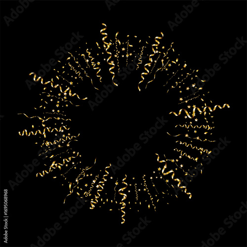 Golden serpentine ribbons frame. Confetti round banner. Luxury streamer
