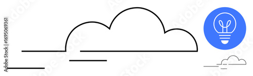 Large cloud outlined in black with a vibrant blue circle featuring a glowing light bulb. Ideal for cloud computing, innovation, brainstorming, sustainability, technology, digital storage, simple