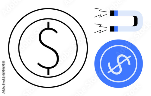 Dollar coin and magnet illustration emphasizing financial attraction, wealth flow, and investment success. Ideal for finance, income, business, strategy, growth wealth investment. Simple flat